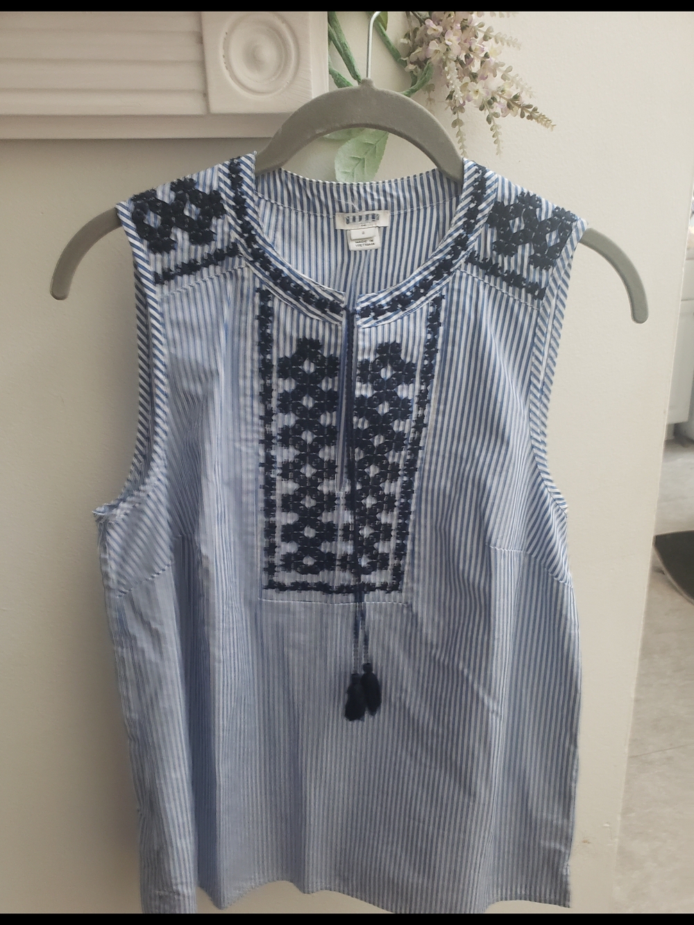 J.Crew Blue& White Striped Embroidered Top With Tassels Size 2